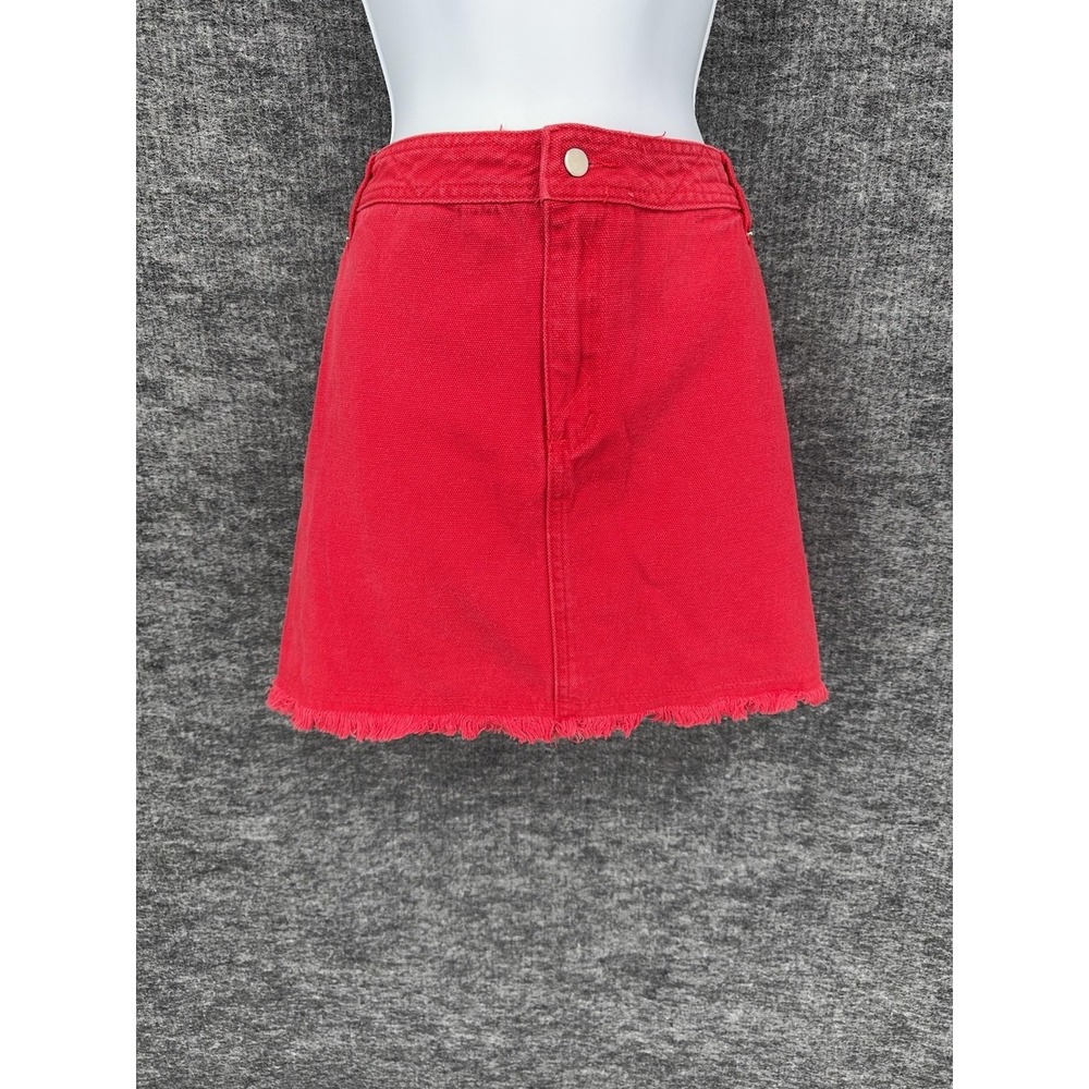 American Threads Skirt Womens Large Red Denim Fringe Hem Mini Pockets Lined